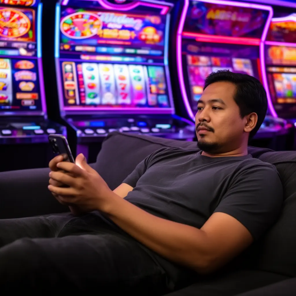 Focused Malaysian man exploring casino games on the AP33 mobile app with colorful slot machines illuminated behind him