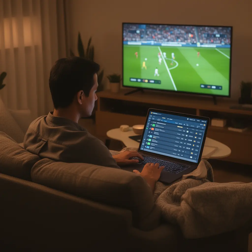 Focused Malaysian sports bettor analyzing live football odds and statistics on a laptop with AP33 while watching a match on TV at home
