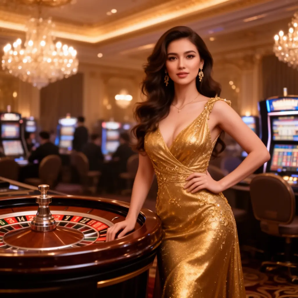 Elegant woman in a luxurious gold dress standing by a roulette table in a high end casino atmosphere at AP33 showcasing the premium live casino experience in Malaysia