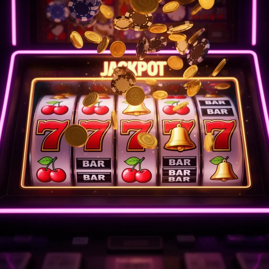 A modern slot machine with bright 777 symbols and falling coins showcasing the immersive slot gaming atmosphere available at AP33 casino in Malaysia